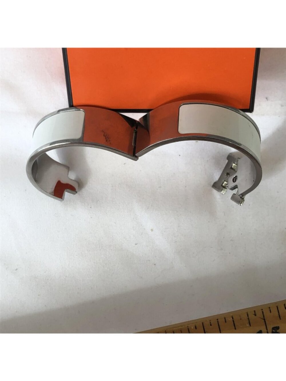 Hermes White Enamel H Bangle Bracelet Silver Tone Turnlock Hinged Box Jewelry - Picture 2 of 16